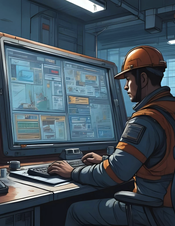 Illustrated image of a worker looking at a monitor and typing on a keyboard